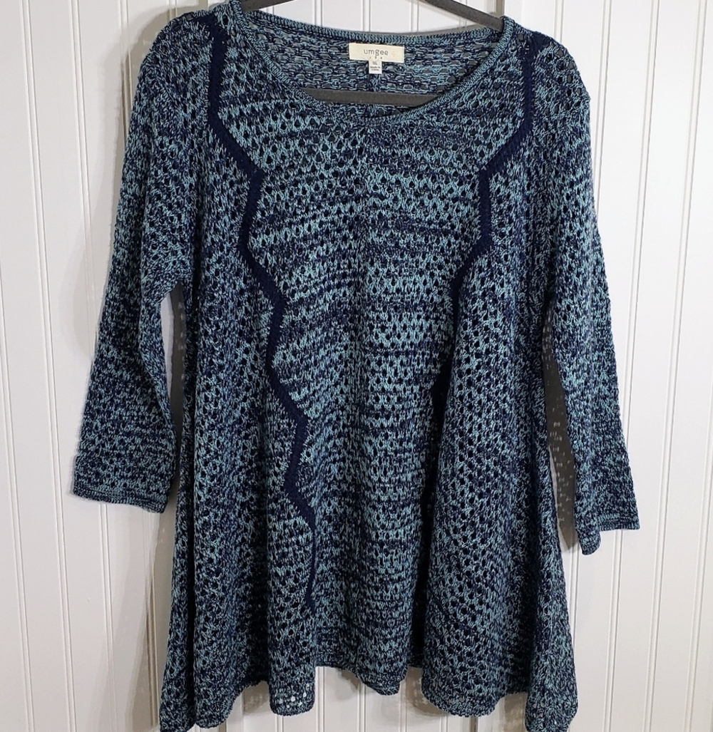 Umgee Crocheted Open Knit Sweater Tunic Blue & Green 1XL